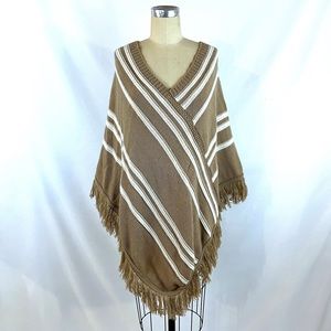 Vintage 80s 90s Sweater Poncho Made in USA Beige & White